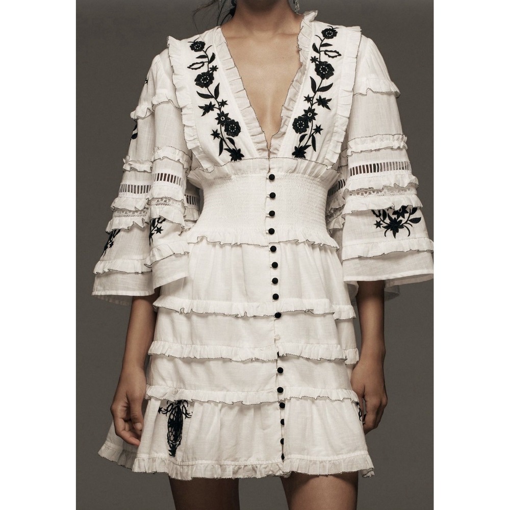 Anthropologie Sz Large White Embroidered V-Neck Ruffled Tiered Mini Dress Cotton